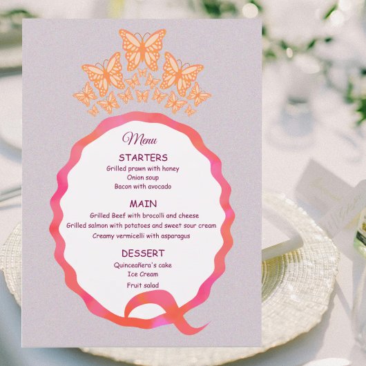 Menu 15th Birthday Quinceanera Butterfly Crown Squiggle