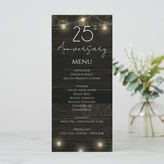 Menu 25e anniversaire de mariage Bois rustique et lumiè (Debout devant)