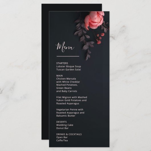 Menu 3 D Rose Dark Romantic Wedding (Devant / Derrière)