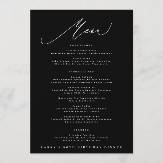 Menu 5 x 7 Elegant Black White Calligraphy Birthday (Devant)