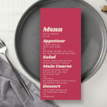 Menu 70's Retro Super Viva Magenta Mariage<br><div class="desc">Célébrez dans le style grâce à ces cartes de menu mariage des années 70 très tendance,  de style rétro. Ce design est facile à personnaliser avec votre libellé d'événement spécial et vos invités seront ravis quand ils verront ces menus fabuleux. Les éléments correspondants se trouvent dans la collection.</div>