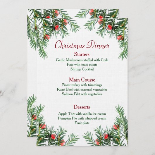 Menu à feuillage persistant et rouge de Noël de (Devant / Derrière)