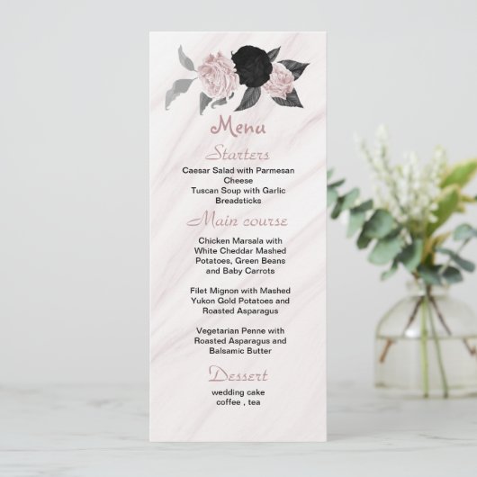menu à fleurs rose et noir mariage (Debout devant)
