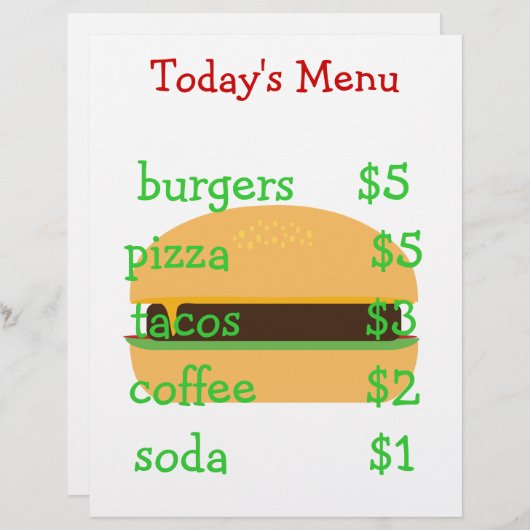 Menu à thème Burger simple modifiable (Devant / Derrière)
