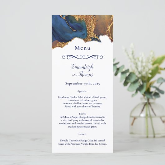 Menu Abstrait Blue Gold Mariage (Debout devant)