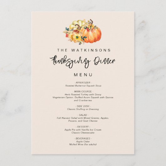 menu Action de grâce citrouille aquarelle (Devant)