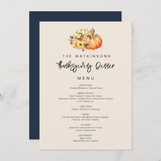 menu Action de grâce citrouille aquarelle (Devant / Derrière)