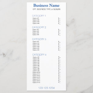 Menu Affaires bleu marine avec liste de prix