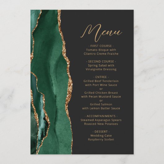 Menu Agate Émeraude Vert Or Script Sombre Mariage (Devant)