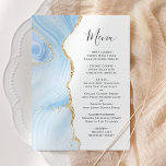 Menu Agate Geode Bébé Bleu Parties scintillant or Maria<br><div class="desc">Le bord gauche de cet élégant menu mariage moderne comporte une bordure en aquarelle bleu bébé ornée d'une parties scintillant en faux or. Le texte personnalisable combine écriture manuscrite et polices cuivre en gris charbon sur un arrière - plan blanc. L'envers est assorti d'un design d'agate bleu bébé et or....</div>