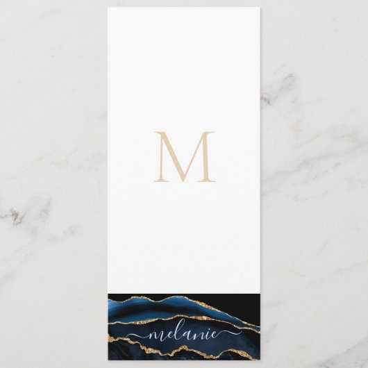Menu Agate Marine Blue Gold Gemstone Marble Nom du mono (Devant)