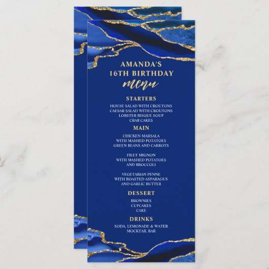 Menu Agate Royal Blue et Gold (Devant / Derrière)