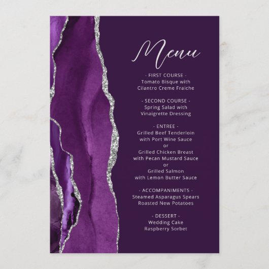Menu Agate violet Argent Script moderne Plum Mariage (Devant)