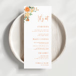 Menu Agrumes Orange Floral Mangeons Mariage blanc<br><div class="desc">Ce menu de mariage élégant avec fleurs d'agrumes,  texte personnalisé et script moderne ferait un merveilleux ajout à votre fête! Modifiez facilement le texte en cliquant sur l'option "personnaliser ce modèle".</div>