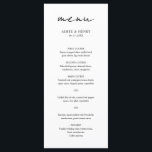 Menu Aimee Rustic Script Mariage moderne<br><div class="desc">Menu mariage moderne avec un design simple avec "menu" dans un style rustique typographie script. Tous les éléments de conception sont en noir et blanc et peuvent être modifiés dans l'outil d'édition de conception. Ce menu élégant à la disposition minimaliste conviendra à tous les styles de mariage.</div>