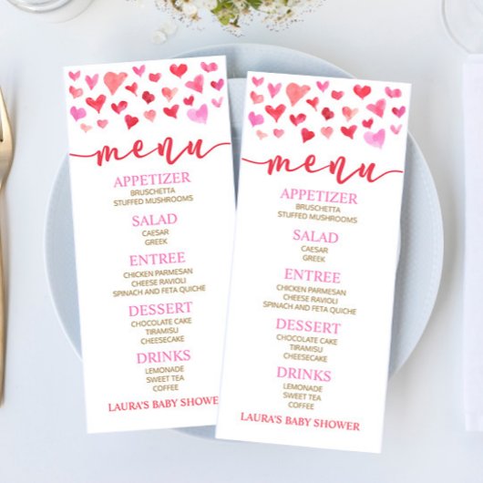 Menu alimentaire Baby shower Red Pink Valentine