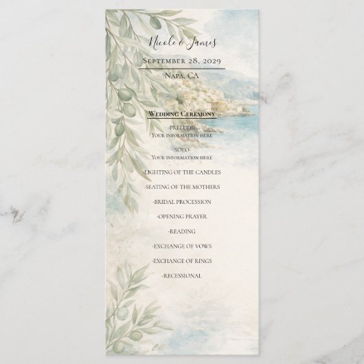 Menu Amalfi Reverie Mediterranean Coast Wedding Program (Devant)