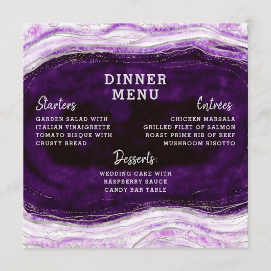 Menu Amethyst Purple & Silver Geode Agate Dîner Carré (Devant)