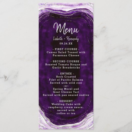 Menu Améthyste Violet & Argent Geode Agate Marbre Dîner (Devant)