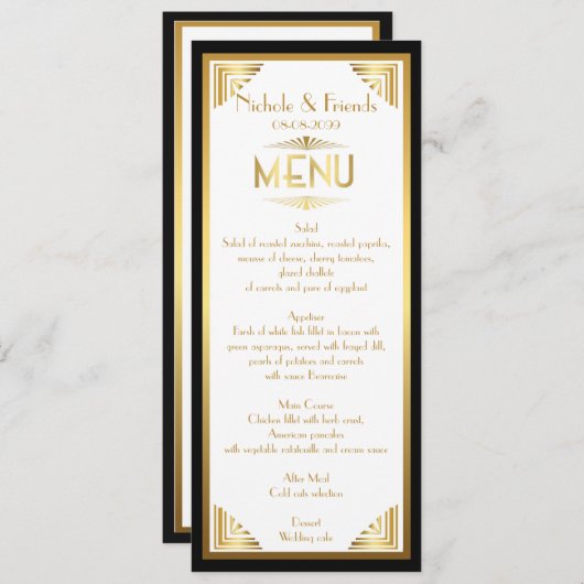 Menu Amis, menu réunion, grand Gatsby, blanc, or (Devant / Derrière)