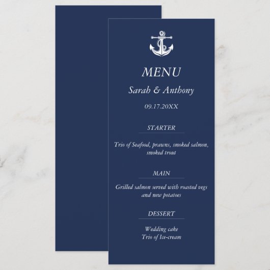 Menu Ancre bleue marine moderne Mariage alimentaire mod (Devant / Derrière)