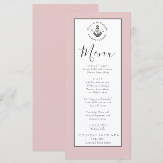 Menu Ancre florale à thème nautique Dusty Rose ros (Devant / Derrière)