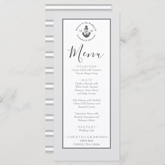 Menu Ancre florale à thème nautique gris argenté (Devant / Derrière)