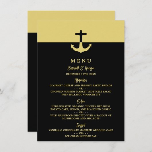 Menu Ancre nautique - Black Gold - Mariage plage (Devant / Derrière)