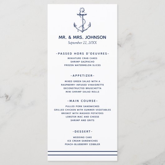 Menu Ancre nautique Mariage côté mer (Devant)