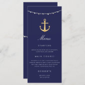 Menu Ancre nautique Mariage Marine Blue Gold (Devant / Derrière)