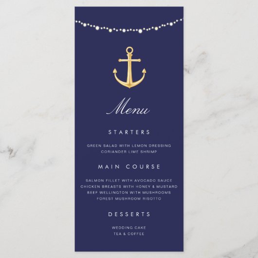 Menu Ancre nautique Mariage Marine Blue Gold (Devant)
