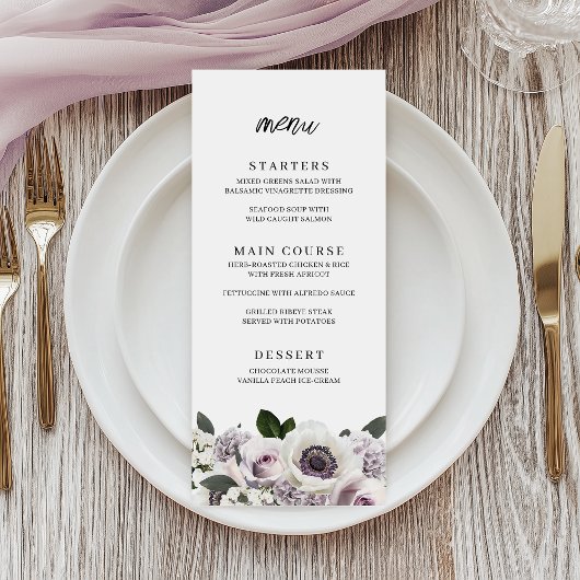 Menu Anémone blanche et Fête des mariées florale violet