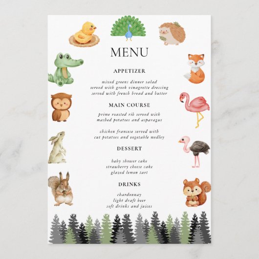 Menu Animaux forestiers des bois (Devant)