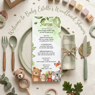 Menu Animaux Mignons de la Forêt Aquarelle Baby Shower