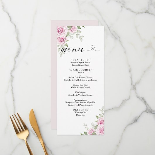 Menu ANNA-bruiloft / Waterverf Floral Pink Rose (Voorkant / Achterkant in situ)