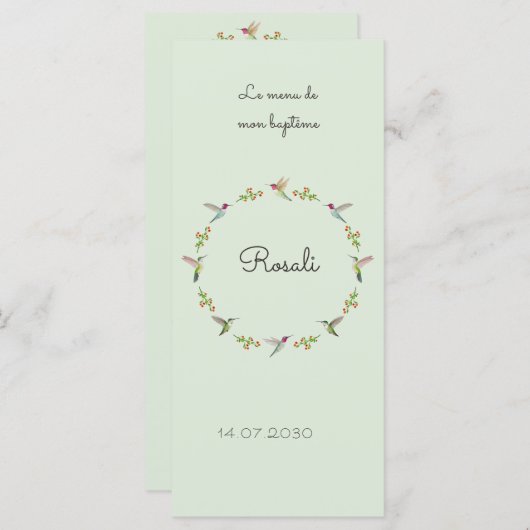 Menu Anna's Hummingbirds Baptism (Devant / Derrière)