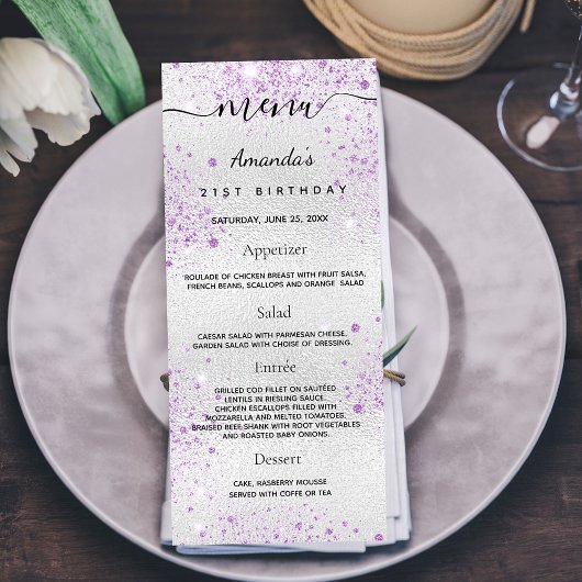 Menu Anniversaire argent violet métal monogramme