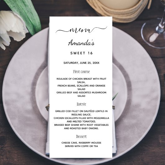 Menu Anniversaire blanc noir élégant