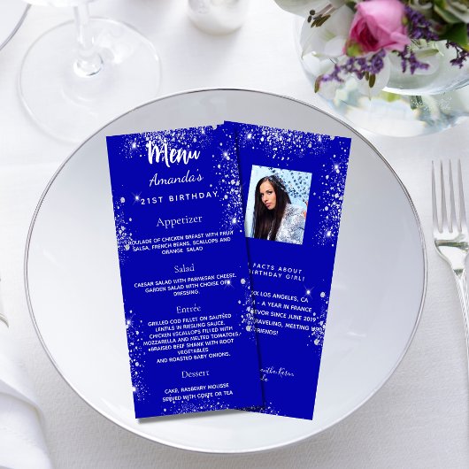 Menu Anniversaire bleu royal argent photo faits am