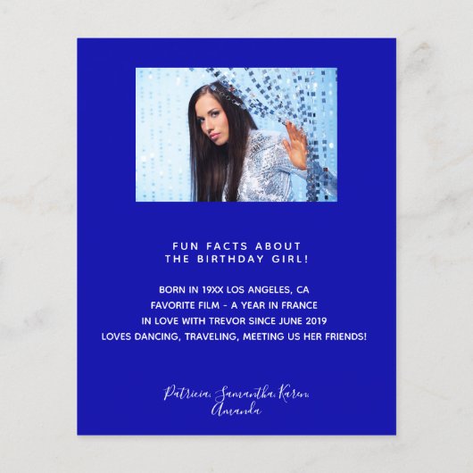 Menu Anniversaire bleu royal blanc amusant faits p (Dos)