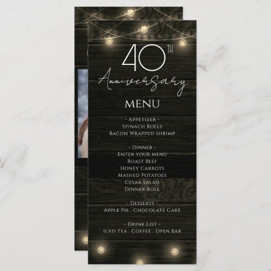 Menu Anniversaire du mariage 40e bois rustique et lumiè (Devant / Derrière)