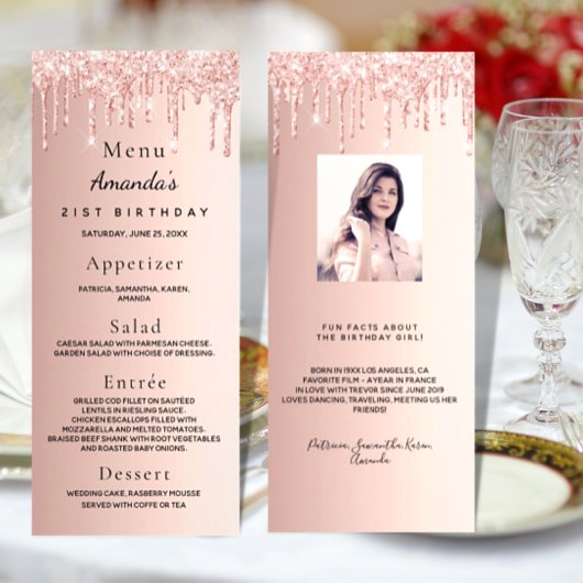 Menu Anniversaire rose or parties scintillant gout