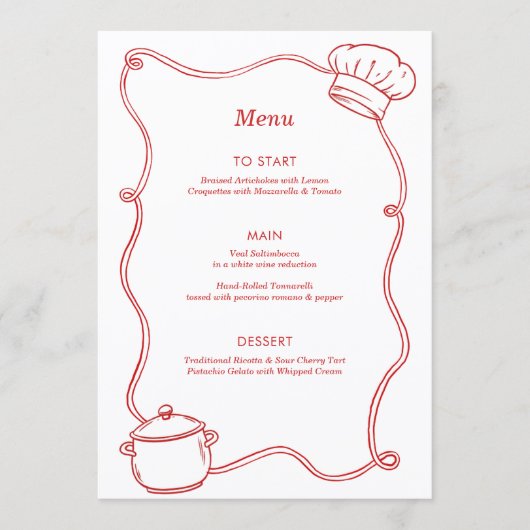 Menu Anniversaire Rouge Chef Cuisine Dessinée Moderne (Devant)