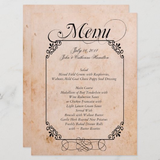Menu antique élégant de mariage de regard (Devant / Derrière)