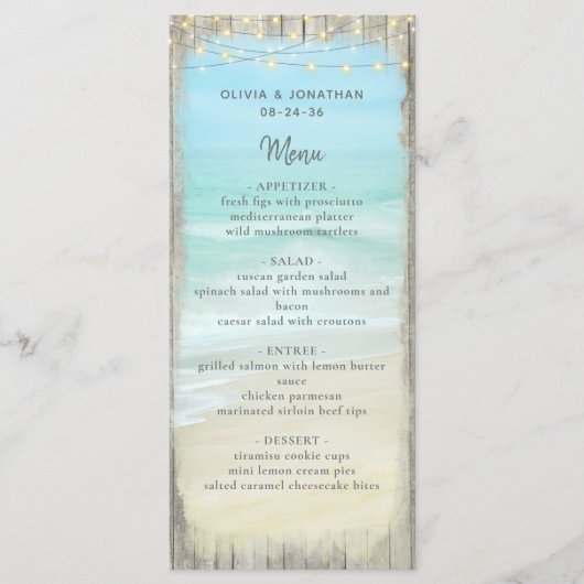 Menu Aqua Blue Beach Rustic Wood String Mariage (Devant)
