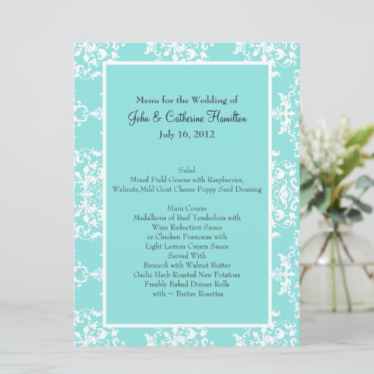 Menu Aqua Blue Damask Wedding Table (Staand voorkant)