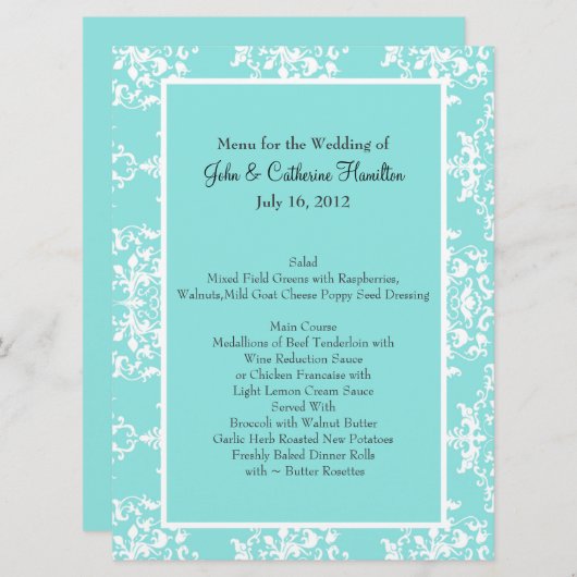 Menu Aqua Blue Damask Wedding Table (Voorkant / Achterkant)