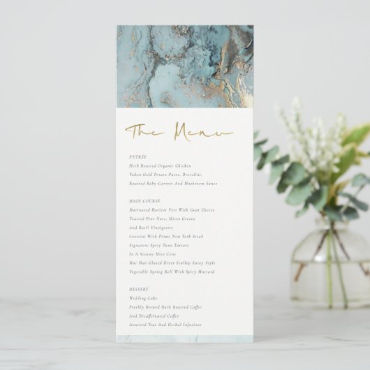 MENU AQUA MODERNE DUSKY BLUE GOLD AGATE MARIAGE (Debout devant)