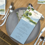 Menu Aquarelle À feuillage persistant du lac Rose Dusty<br><div class="desc">Menu de mariage À feuillage persistant lac avec paysage pittoresque idyllique. Les plats et les menus sont entièrement modifiables et vous pouvez changer la couleur de l'arrière - plan si vous le souhaitez. Paysage champêtre aquarelle avec arbres à feuillage persistant et verdure, montagnes bleues et un lac calme sous un...</div>