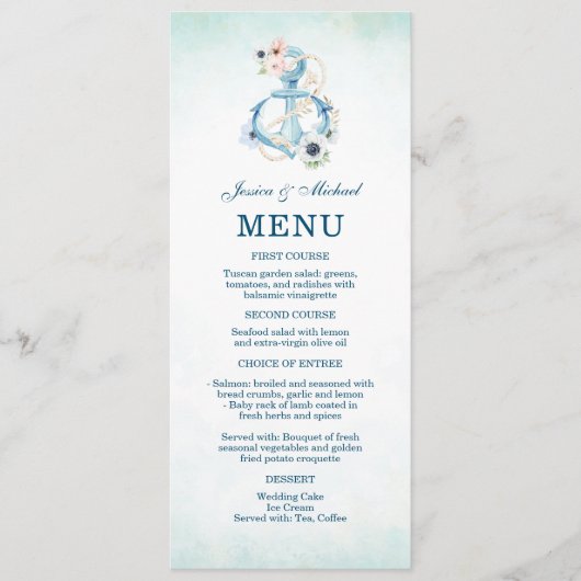 Menu Aquarelle Ancre Florale Turquoise Plage Mariage (Devant)